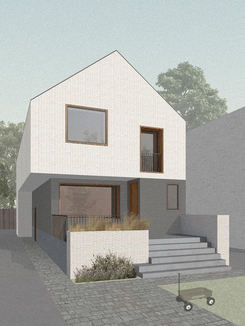 A rendering of a two-storey home with a sloped roof, asymmetrical windows and a staggered entry stairway