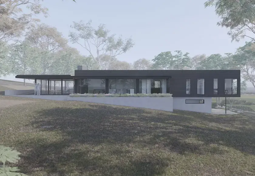 A rendering of the exterior of a modern single storey mid-century cottage
