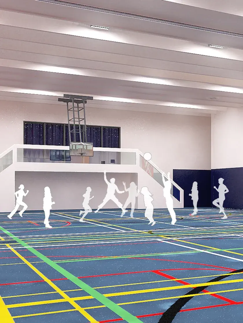 Rendering of a school gym with a basketball net