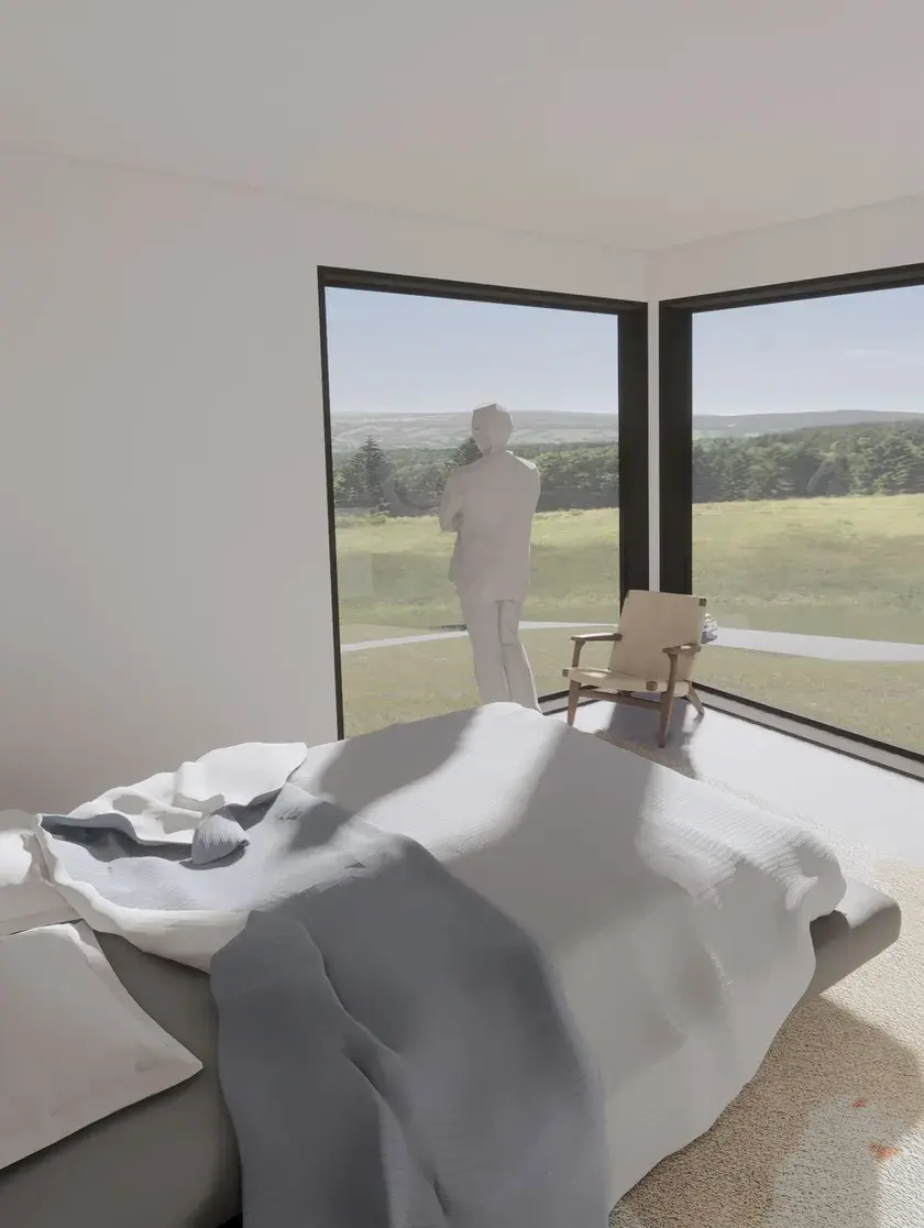 A rendering of the interior of a bedroom with a man overlooking a forest through floor to ceiling windows