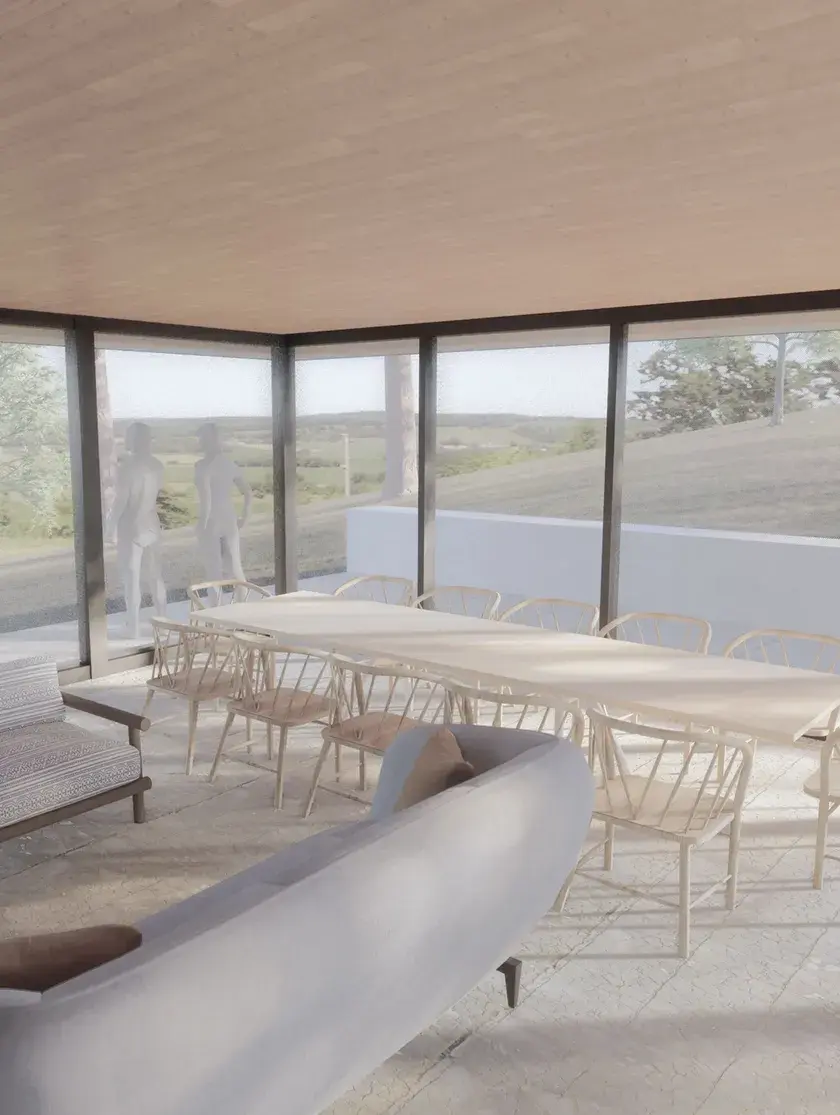 A rendering of an open concept seating and dining area that overlook a forest through floor to ceiling windows