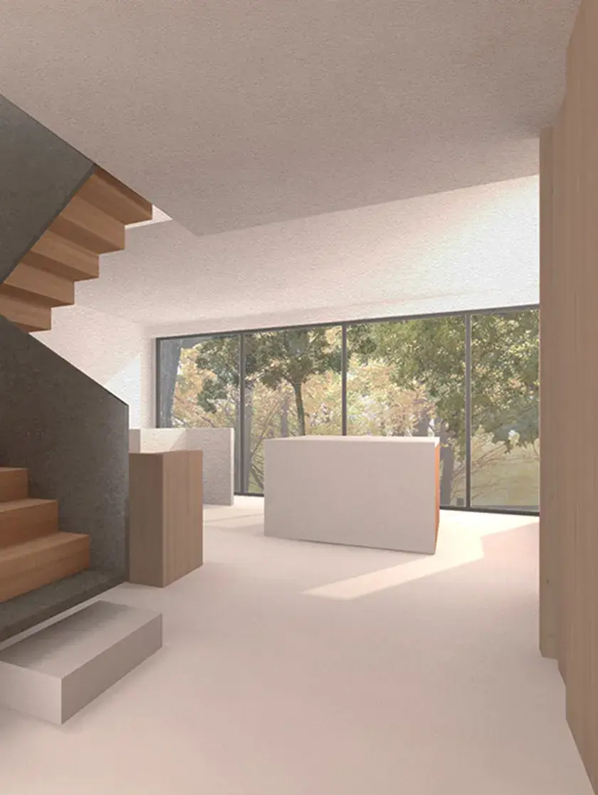 A rendering of a ground floor open concept space with a modern staircase with a solid handrail wall and a kitchen island overlooking a backyard through floor to ceiling windows