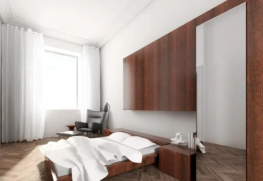 A rendering of a bedroom with a custom red wood millwork bed set and tall windows
