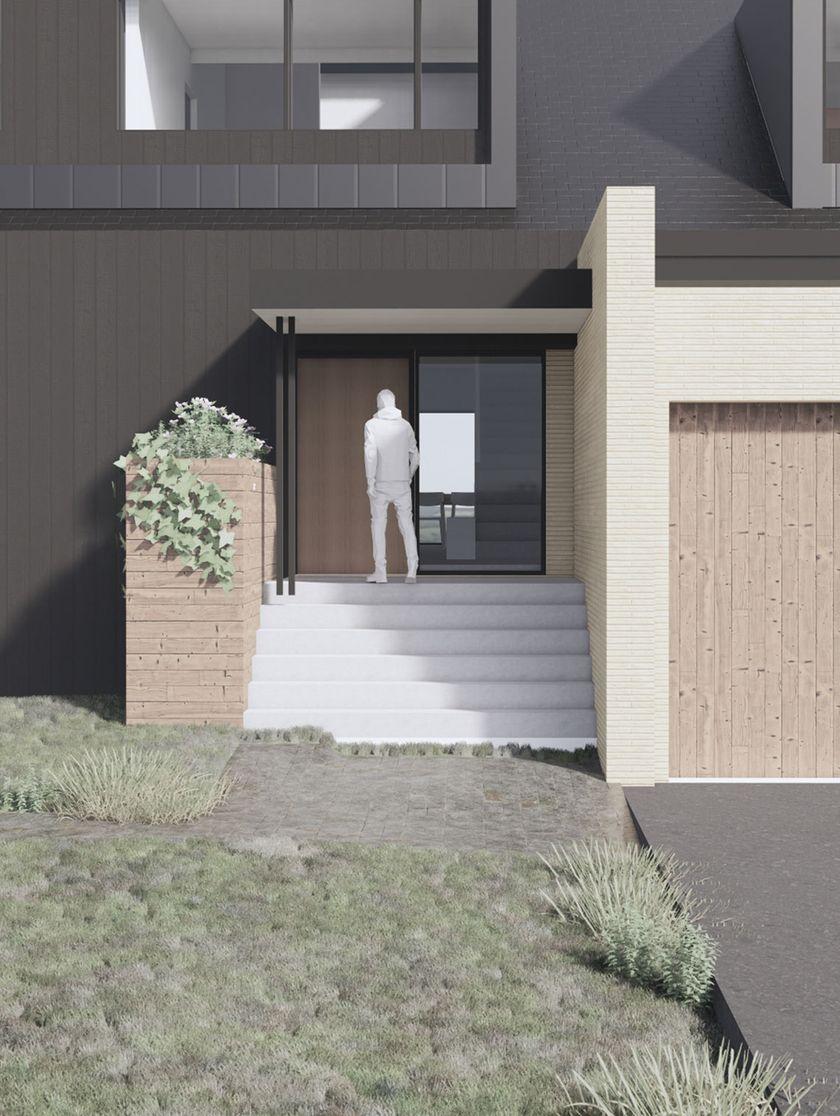 A rendering of the front of a two-storey mid-century bungalow with black cladding contrasted by light masonry.