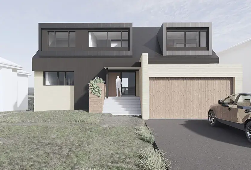 A rendering of the front of a two-storey mid-century bungalow with black cladding contrasted by light masonry.