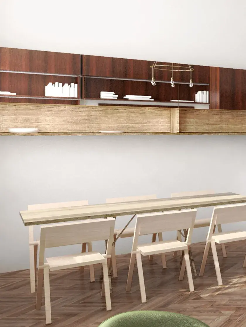 A rendering of lined red wood cabinetry above a light wood dining table and herringbone floors