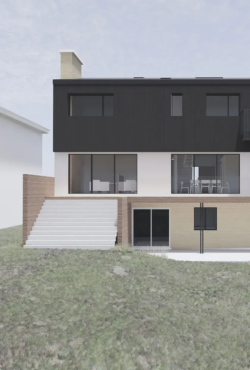 A rendering featuring the back of a two storey residential home, with a wide staircase that walks up to the ground floor patio.