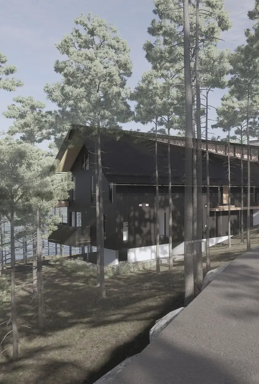 A rendering of a two-storey cottage with black cladding overlooking a lake and surrounded by trees
